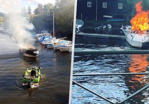 U Podolského nábřeží v Praze hořela v sobotu večer motorová loď (23. května 2021).