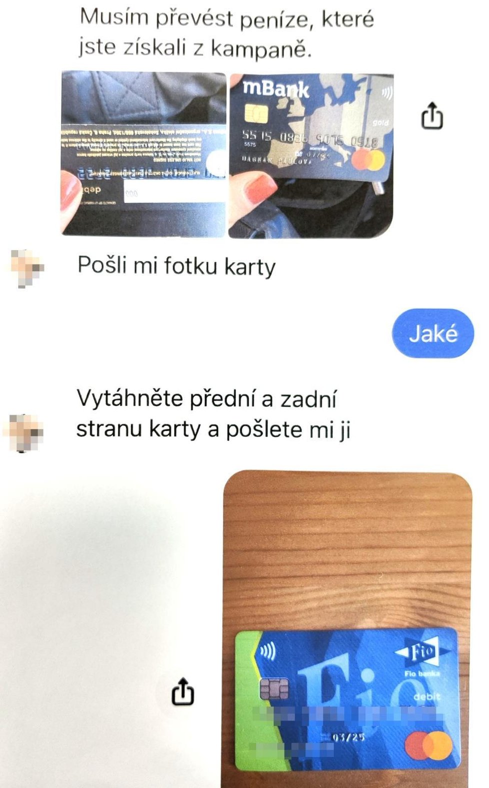 Ukázka komunikace přes Messenger, po níž došli lidé o tisíce korun.