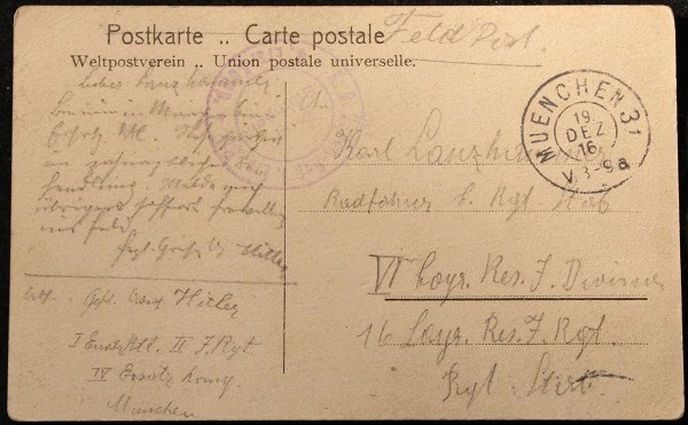 Existuje jen velmi málo hodnověrných písemných záznamů z doby, kdy byl německý nacistický diktátor Adolf Hitler mladý. Jedním z nich jsou dvě pohlednice z doby první světové války, které poslal svému kamarádovi Karlu Lanzhammerovi.