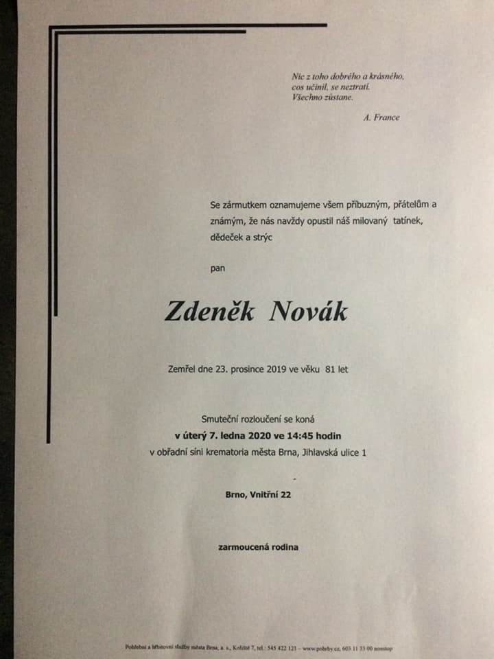 Brněnský saxofonista a aranžér Zdeněk Novák (†81), který zemřel den před Vánoci 2019.
