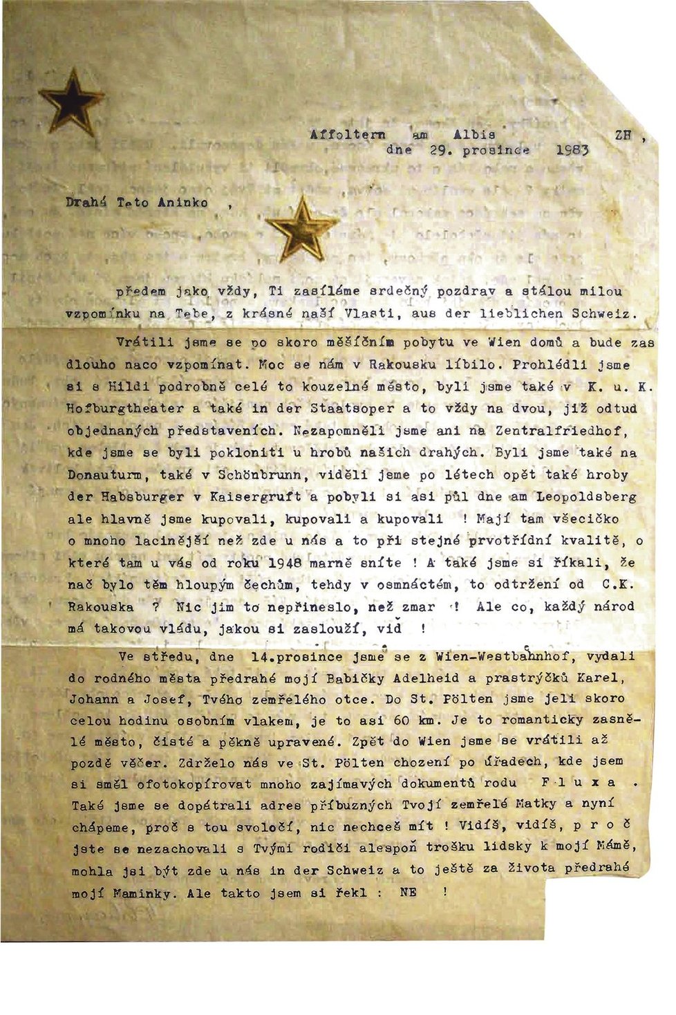 Ukázka korespondence z Rakouska, zachycená StB v akci Kostel.