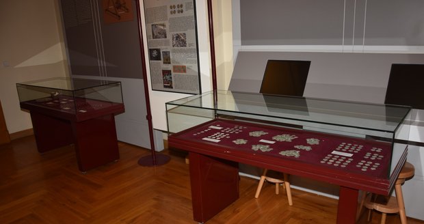 Poklad je v muzeu vystavený ve dvou vitrínách. V jedné jsou zlaté mince (vlevo), v druhé stříbrné.