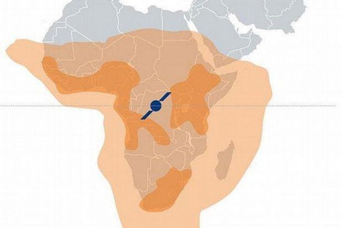 Pokrytí Internet.org v Africe díky satelitu firmy Eutelsat (tmavě žlutě země, v nichž bude signál odemčen)