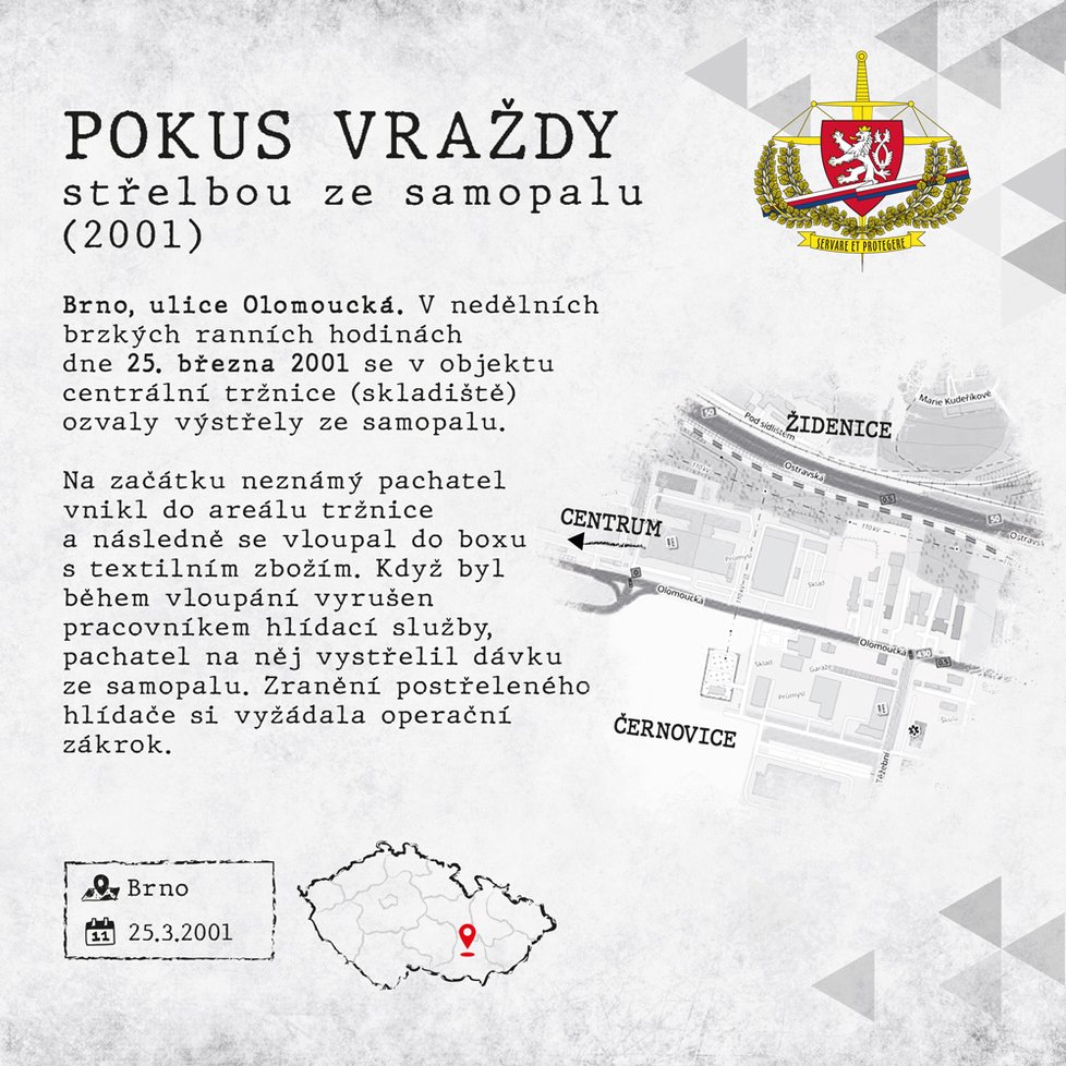 Ke střelbě ze samopalu došlo v Brně roku 2001, pachatel utekl, postřelený muž utrpěl vážná zranění.