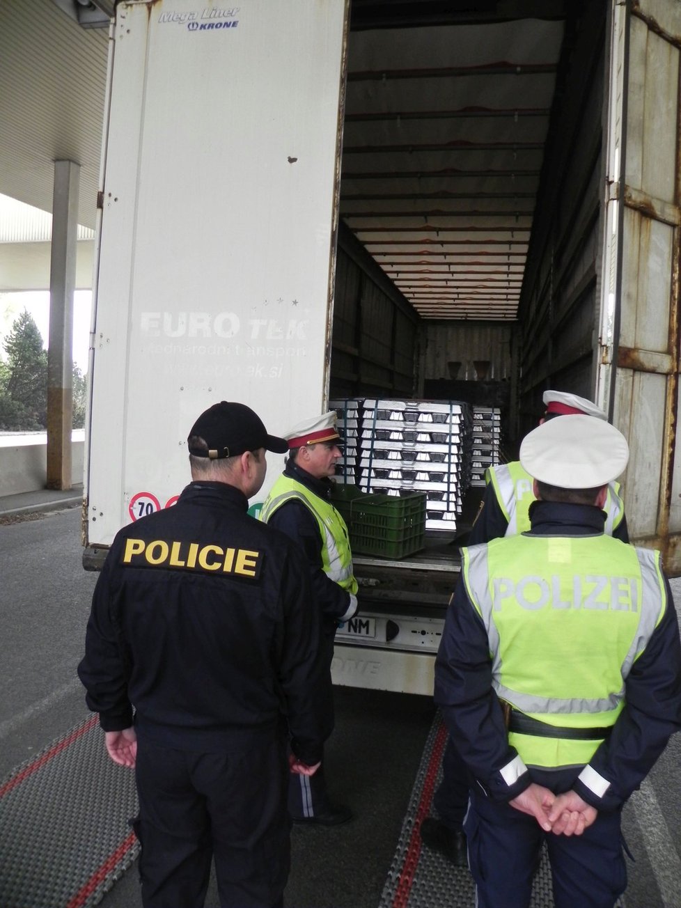 Společné česko-rakouské policejní hlídky zkontrolovaly na někdejším hraničním přechodu během dopoledne desítky aut včetně tohoto slovinského kamionu.
