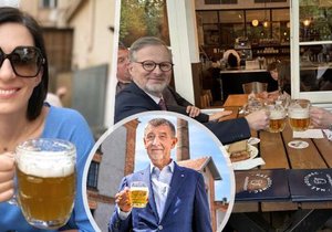 Politici pózují s pivem: Pekarová Adamová (TOP 09), Babiš (ANO) i Fiala se Skopečkem (ODS)