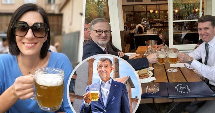 Politici pózují s pivem: Pekarová Adamová (TOP 09), Babiš (ANO) i Fiala se Skopečkem (ODS)