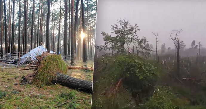 V táboře, kudy se prohnala ničivá bouře, zemřely v zavaleném stanu dvě skautky. Spadl na ně strom. Vpravo situace v okolí obce Suszek, nedaleko níž se tábor nacházel.