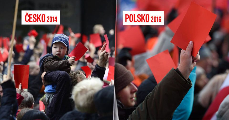 Červená karta, kam se podíváš. Vlevo Praha v listopadu 2014, vpravo polská Poznaň v lednu 2016