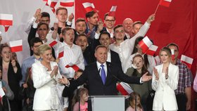 Polský prezident Andrzej Duda se po oznámení tzv. exit pollů radoval z výhry (12. 7. 2020)
