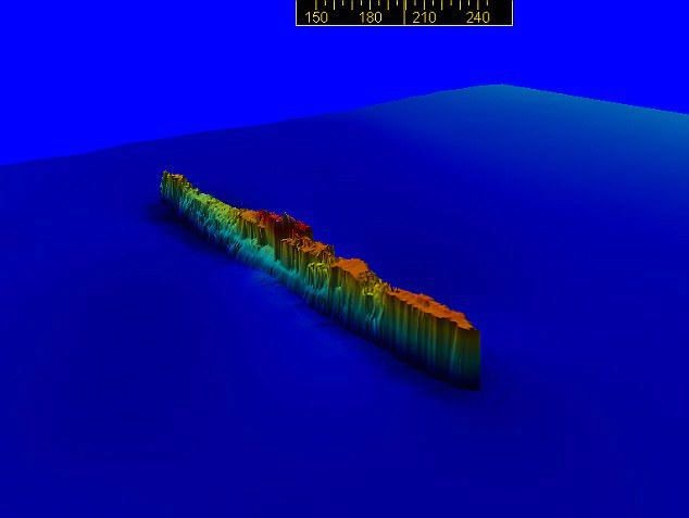Radarové vykreslení vraku ponoirky Narwhal na dně Severního moře