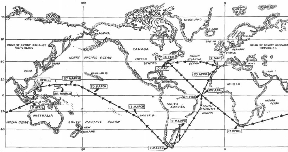 Trasa plavby americké ponorky USS Triton okolo světa.