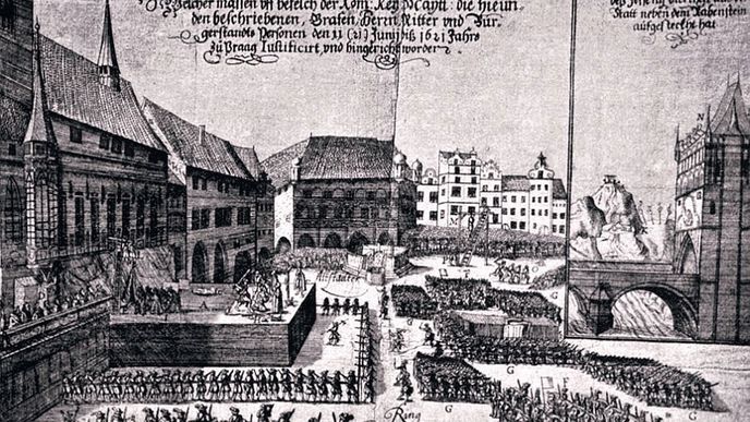 Poprava 27 českých pánů na Staroměstském náměstí 21. června 1621 na dobové rytině.