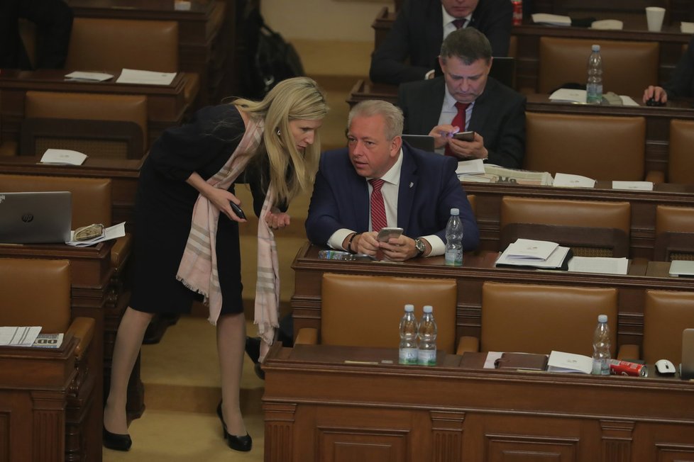 Kateřina Valachová a Milan Chovanec (ČSSD) během schůze Sněmovny před hlasováním o důvěře menšinové vládě