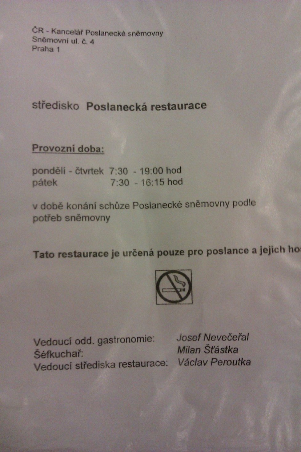 Takto vypadal jídelní lístek ve sněmovní restauraci v roce 2015.