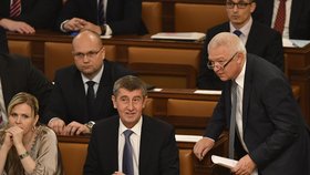 Andrej Babiš a Jaroslav Faltýnek během ustavující schůze Sněmovny