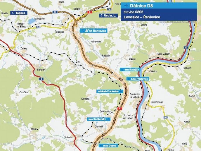 Poslední nedokončený úsek dálnice D8 z Lovosic do Řehlovic.