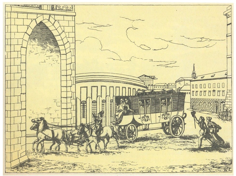 Poštovní rychlík u Prašné brány v Praze roku 1836