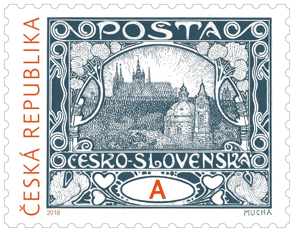 Volné zpracování motivu Hradčan z původního návrhu od Alfonse Muchy pro první československou poštovní známku.