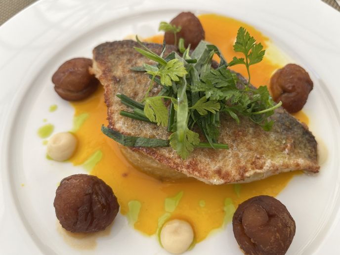 Pečená pražma s karamelizovanými kaštany, jeden z hitů restaurace Vieux Bois. Pečená pražma s karamelizovanými kaštany, jeden z hitů restaurace Vieux Bois.
