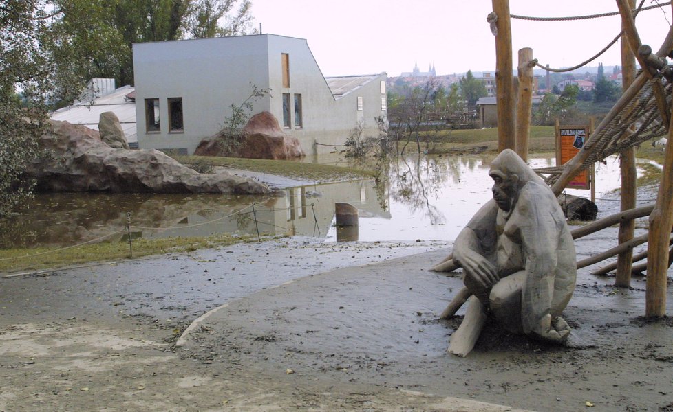 Areál Zoo Praha během povodně v roce 2002