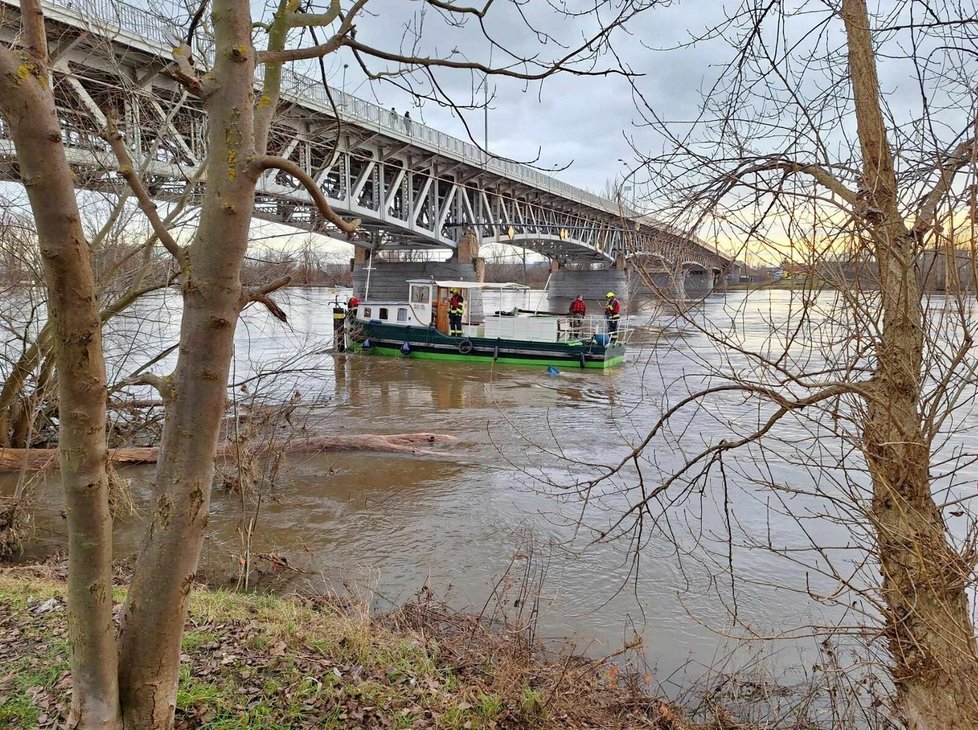 Hasiči v Litoměřicích vysvobozovali loď, uvízla pod mostem kvůli zvýšené hladině řeky (30.12.2023)