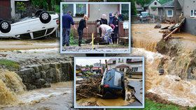 Povodně zasáhly tvrdě Olomoucký kraj. Všude je bahno, zahrady jsou zničené a na ulicích jsou auta převrácená na střeše (8.6.2020)