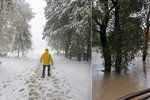 Beskydy v ponděí zasypal sníh, od noci pro změnu na severu Moravy vydatně prší. Řeka se vylila například v Petrovicích na Karvinsku.