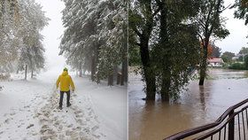 Beskydy v ponděí zasypal sníh, od noci pro změnu na severu Moravy vydatně prší. Řeka se vylila například v Petrovicích na Karvinsku.