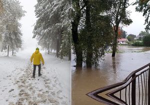 Beskydy v ponděí zasypal sníh, od noci pro změnu na severu Moravy vydatně prší. Řeka se vylila například v Petrovicích na Karvinsku.