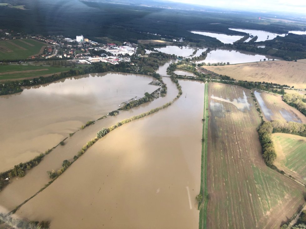 Morava zcela zaplavila pole, louky a lesy u Rohatce na Hodonínsku.