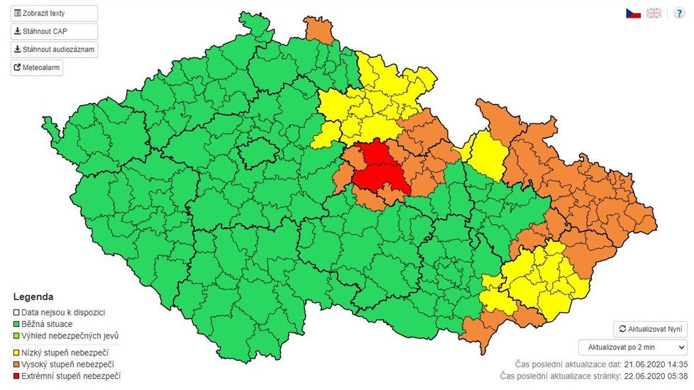 Výstraha před povodněmi v Česku (22. 6. 2020)