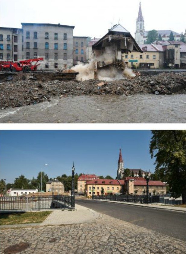 Chrastava 9. srpen 2010 (nahoře) a 9. srpen 2015 (dole) - Most v Chrastavě vzal při povodni zasvé, náměstí změnilo svou tvář.
