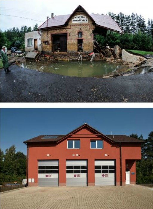 Dětřichov 9. srpen 2010 (nahoře) a 9. srpen 2015 (dole) - Poničenou hasičskou zbrojnici v Dětřichově nahradila nová.