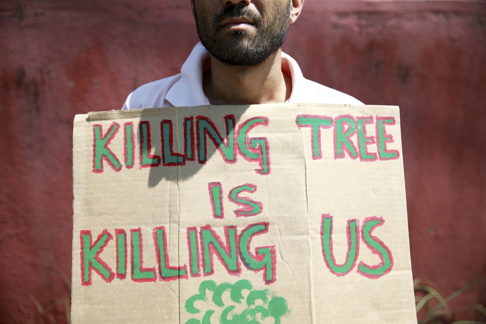 V Brazílii probíhají protesty, demonstranti požadují okamžitou akci na záchranu deštných pralesů. Aktivista s transparentem: Zabíjení stromů je zabíjení nás všech.