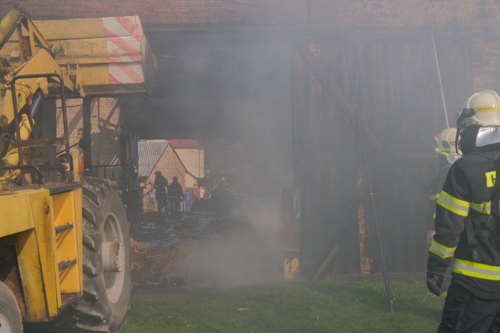 Zásah hasičů při požáru stodoly v Bolaticích. Zahynulo všech 13 býků.