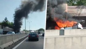 Provoz na dálnici D1 u Brna zastavil před polednem požár osobního auta. (20.8.2023)