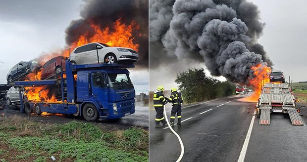 Na Kladensku hořel kamion s auty: Škody jdou do milionů