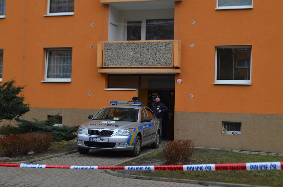 Policisté hlídají vchod domu bez nájemníků. Ti byli nuceni odejít kvůli požáru.