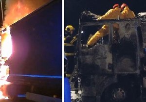 Hasiči na odpočívadle u dálnice D52 u Brna našli v kabině hořícího kamionu lidské tělo.