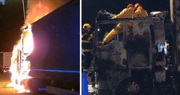 Záhadný požár kamionu u Brna: Ohořelé tělo v kabině!