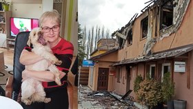Romana Pospíšilová (55) z Rýmařova s pejskem Denisem, který rodině zachránil život. Penzion Mary lehl popelem.