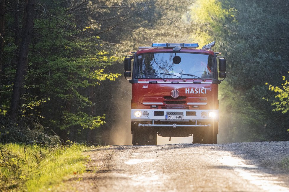 Hasiči likvidují požár lesa okolo vrchu Krkavec nedaleko obce Chotíkov u Plzně, který začal hořet 22. dubna 2019