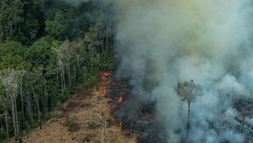Letecký pohled na velké spálené oblasti ve městě Candeiras do Jamari ve státě Rondônia