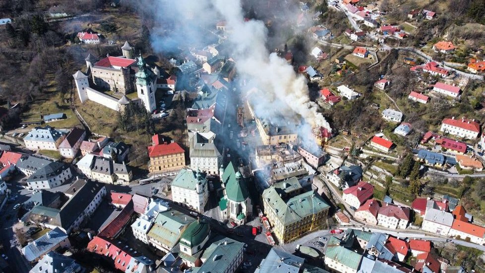 Požár v historickém centru Banské Štiavnice (18. 3. 2023)