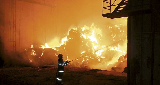 Kvůli hořícím balíkům slámy a sena se hasiči nemohli dostat dovnitř a požár mohli likvidovat jen zvenčí