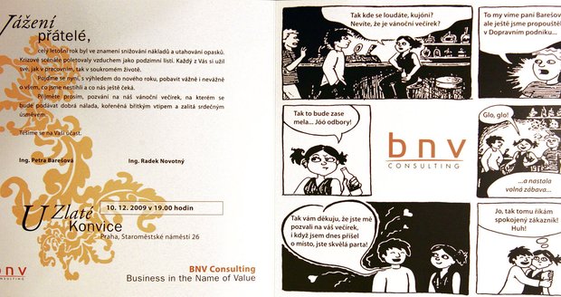 Pozvánka, kterou BNV Consulting rozeslala desítkám svých klientů, si formou komiksu dělá legraci z propouštení zaměstnanců Dopravního podniku Praha