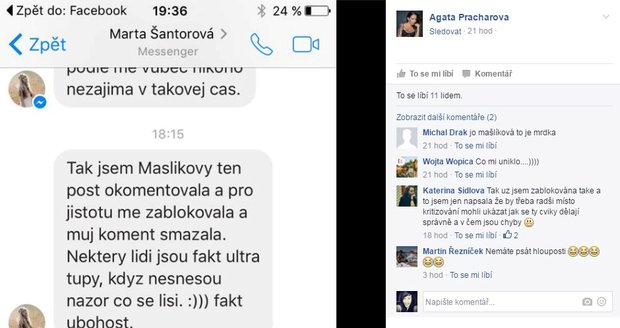 Agáta zveřejnila zprávu, že Mašlíková blokuje lidi na sociální síti.