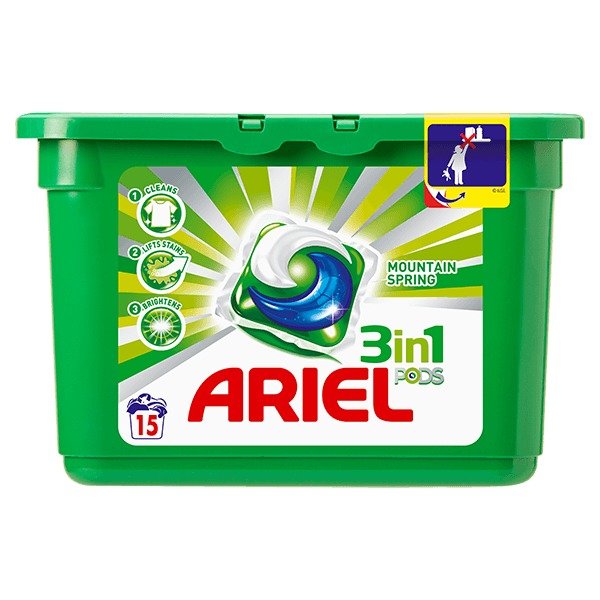 Ariel, prací kapsle, cca 150 Kč/15 ks