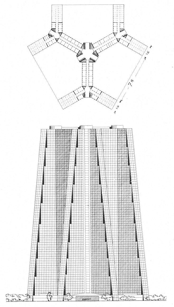 Půdorysné a pohledové schéma administrativního mrakodrapu (1943-45)